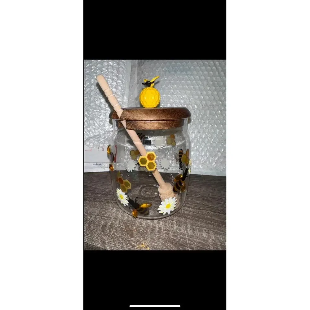 Bumblebee Glass Honey Jar with Wooden Lid and Dipper Daisy‎ 3D Honeycomb Accent